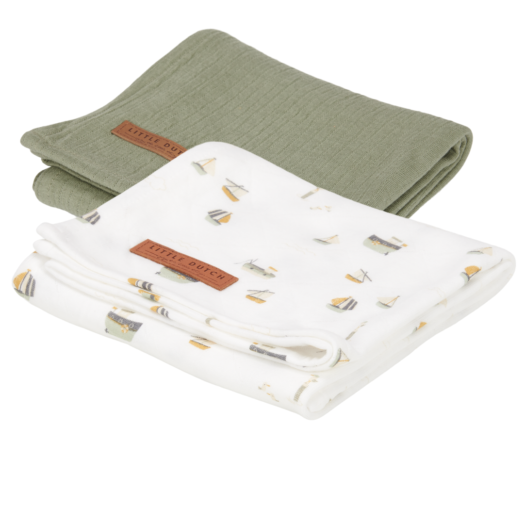 Little Dutch Musselintuch Swaddles 70 x 70 Pure Olive / Sailors Bay White